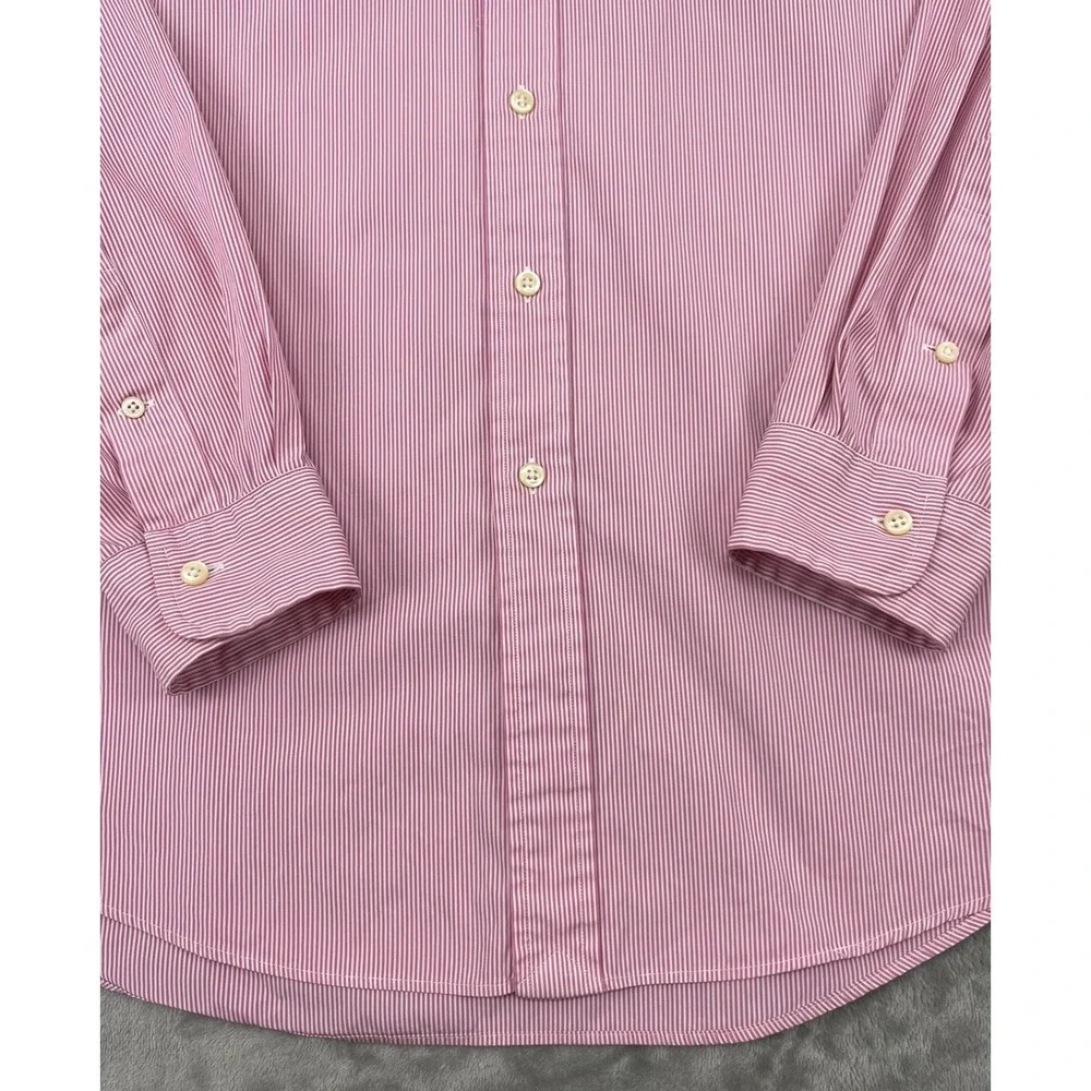 Polo Ralph Lauren Shirt Men 17/43 Pink Striped Back Pleat Button Up Long Sleeve